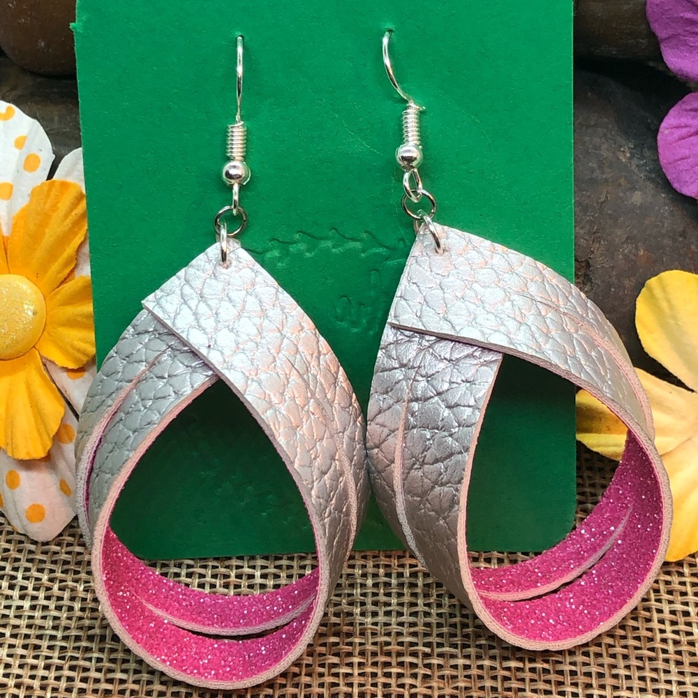 Silver Pink Glitter Loops Faux Leather Earrings